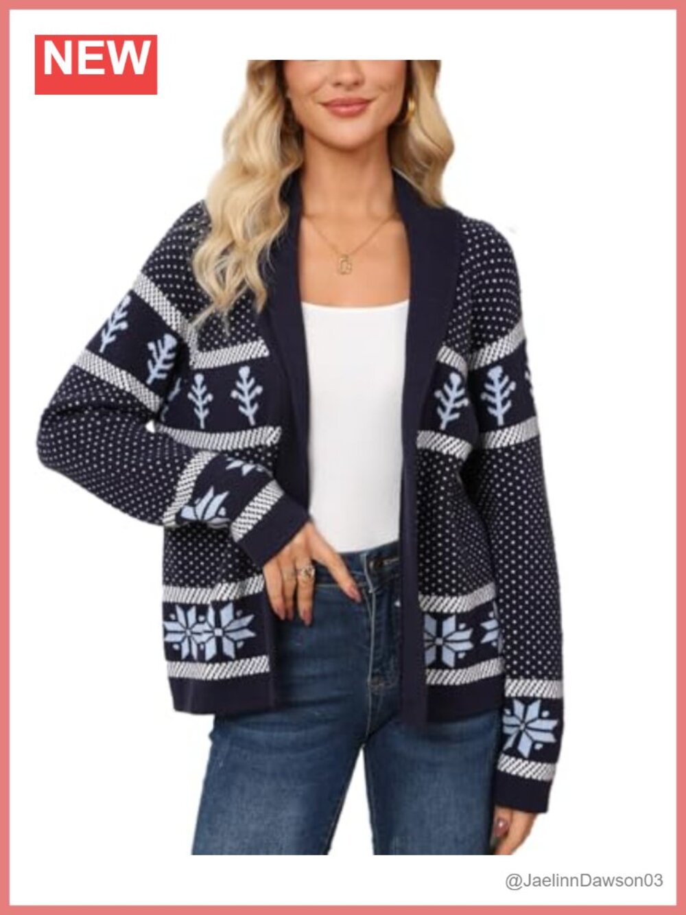 Women's Open Front Knit Cardigan Sweater Long Sleeve Snowflake Christmas